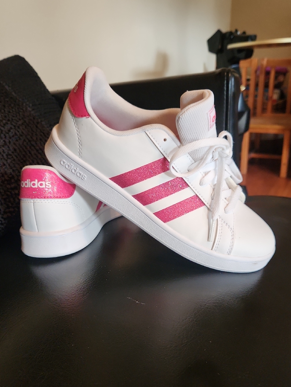 adidas White Sneakers with Pink Glitter Stripes and Heel
